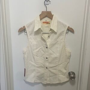 Prada Cream Collared Sleeveless Vest with Red Logo Tag